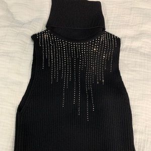 Turtle neck short sleeve top with rhinestones
